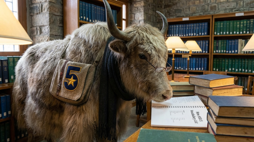 A personified yak Chinese teacher that teaches HSK 5 vocabulary list with pinyin, traditional characters, and parts of speech.
