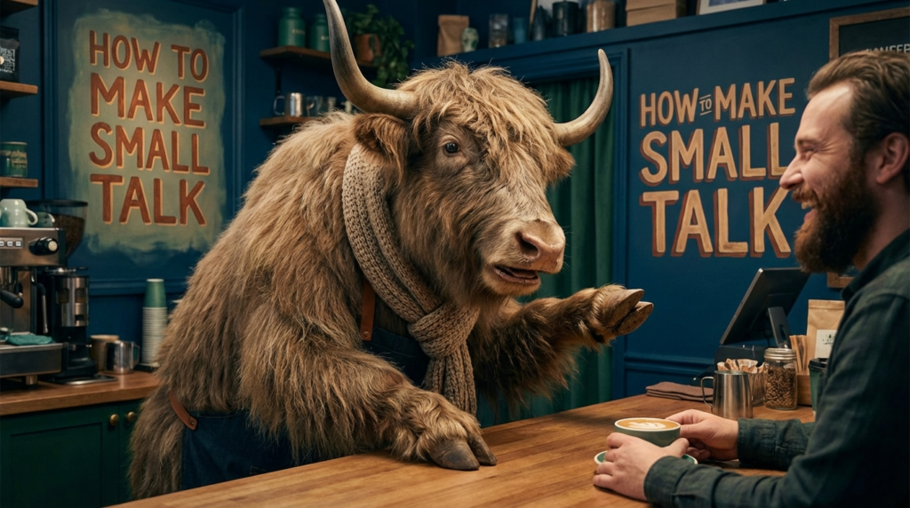 A personified yak English teacher that teaches small talk in English with friendly conversation starters.