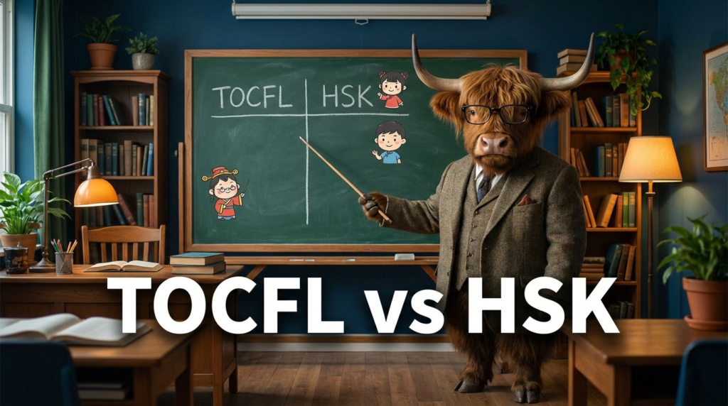 A personified yak Chinese teacher that explains TOCFL vs HSK differences, levels, and which test to take for Taiwan or China.