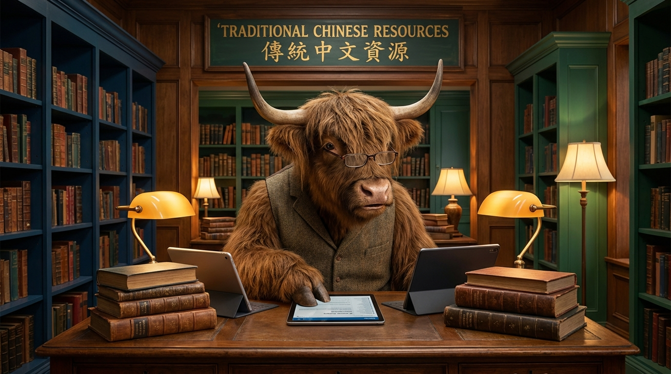 A personified yak Chinese teacher that points at a toolkit of Traditional Chinese resources, apps, dictionaries, and typing tools.