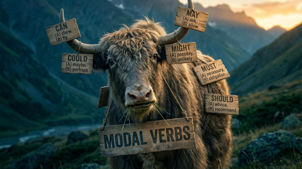 A personified yak English teacher that explains English modal verbs like can, could, may, might, must, and should.