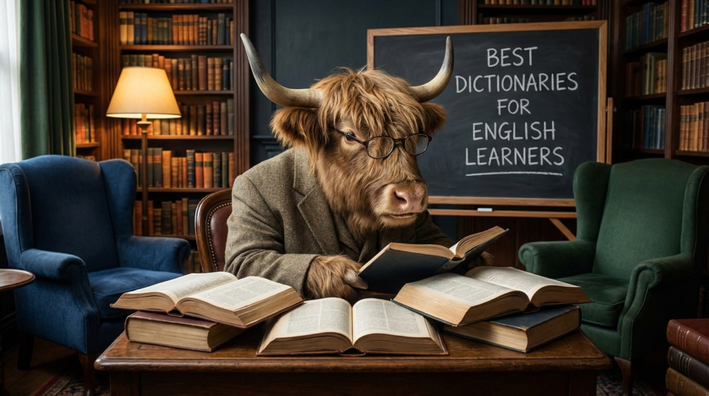 A personified yak English teacher that reviews the best dictionaries for English learners on a phone and laptop.