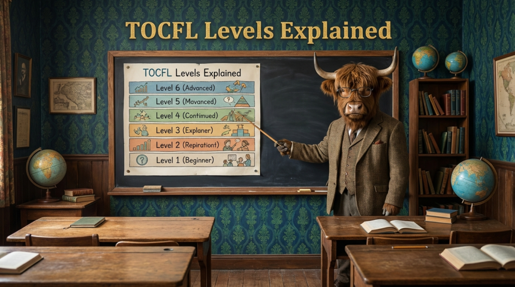 A personified yak Chinese teacher that explains TOCFL levels and Bands A/B/C in Traditional Chinese.