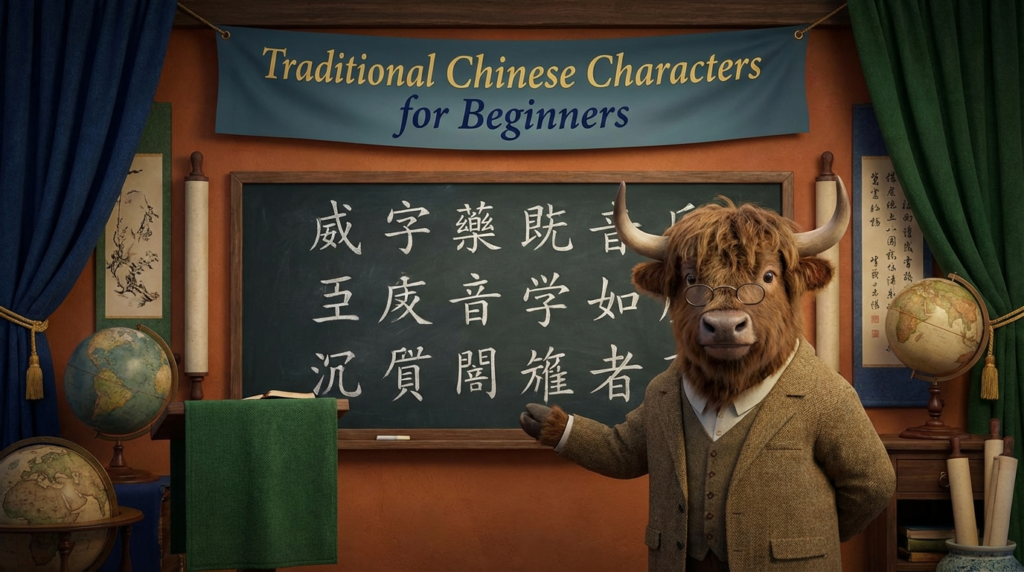 A personified yak Chinese teacher that teaches a beginner system for learning Traditional Chinese characters with radicals and stroke order.
