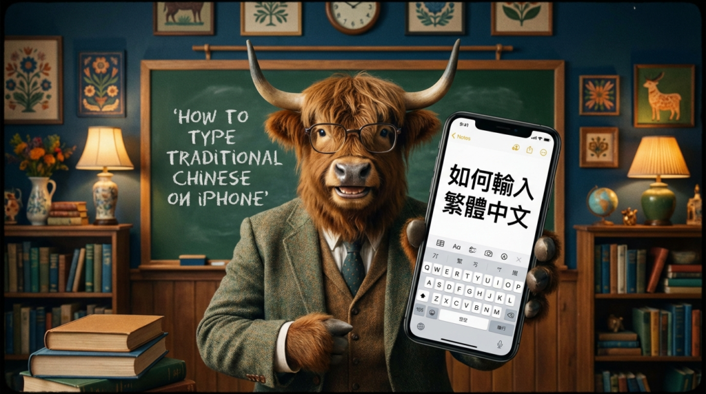 A personified yak Chinese teacher that compares Zhuyin vs Pinyin vs handwriting for typing Traditional Chinese on iPhone.