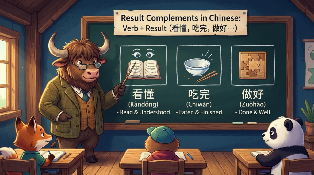 A personified yak Chinese teacher that explains Chinese result complements Verb + Result like 看懂 吃完 做好.