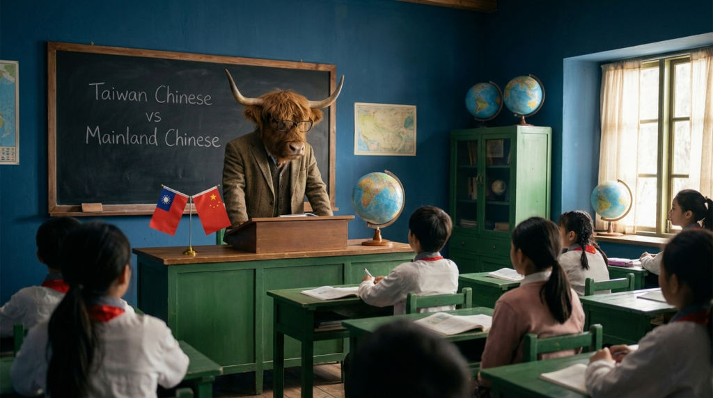 A personified yak Chinese teacher that explains Taiwan Chinese vs Mainland Chinese vocabulary and grammar differences.