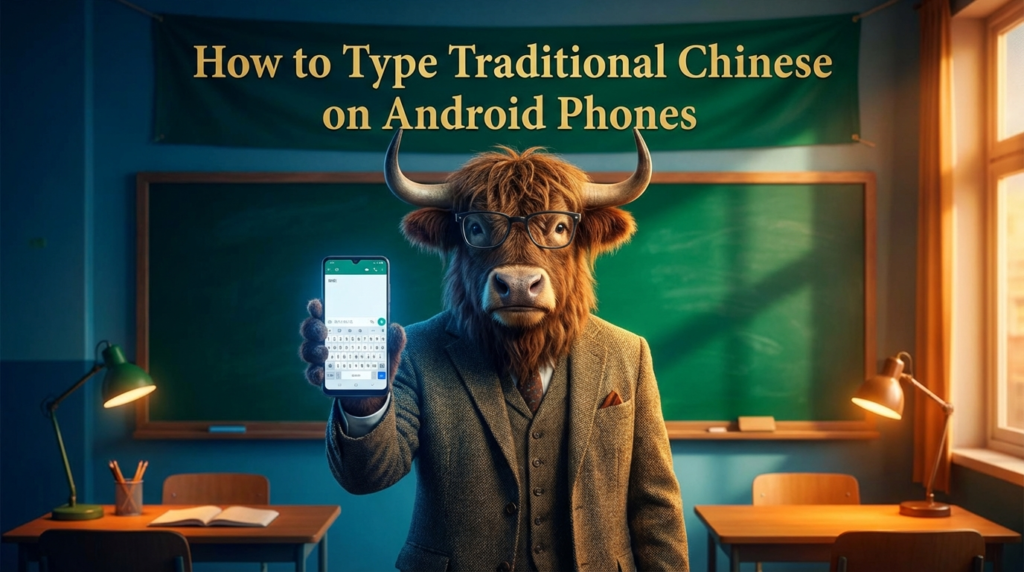 A personified yak Chinese teacher that explains how to type Traditional Chinese on Android phones with Gboard, Samsung Keyboard, and SwiftKey.