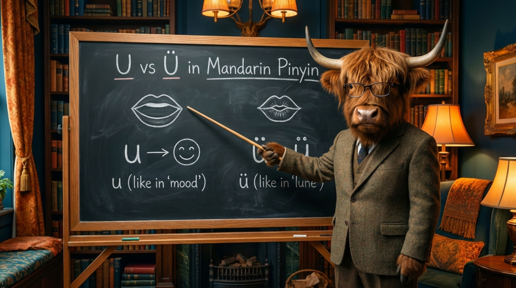 A personified yak Chinese teacher that explains Mandarin pinyin u vs ü pronunciation and spelling rules with common words.