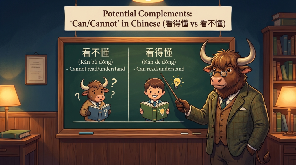 A personified yak Chinese teacher that explains 看得懂 vs 看不懂 “can/can’t” potential complements in Traditional Chinese.