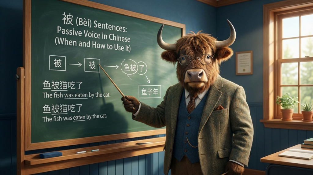 A personified yak Chinese teacher that explains Traditional Chinese 被 sentences passive voice with pinyin examples.