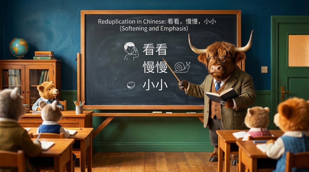 A personified yak Chinese teacher that explains Chinese reduplication with 看看 慢慢 小小 for softening and emphasis.
