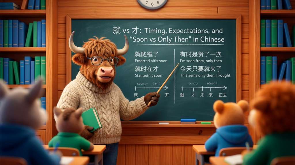 A personified yak Chinese teacher that explains Chinese 就 vs 才 with timing and expectation examples in Traditional Chinese.