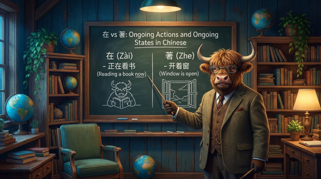 A personified yak Chinese teacher that explains Traditional Chinese 在 vs 著 for ongoing actions and ongoing states.