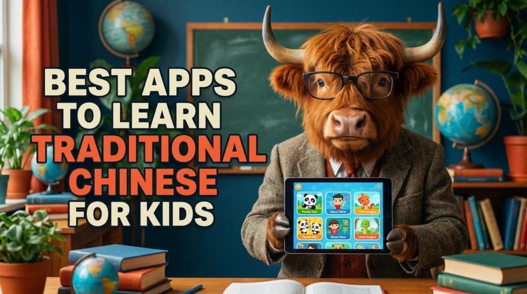 A personified yak Chinese teacher that recommends kid-friendly apps to learn Traditional Chinese, highlighting Studycat.