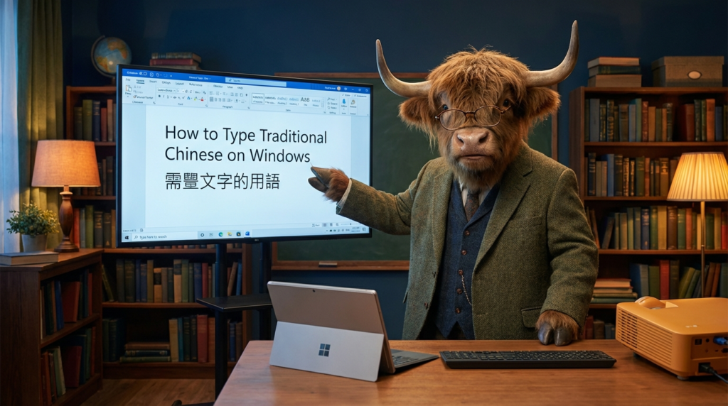 A personified yak Chinese teacher that teaches how to type Traditional Chinese on Windows using the best input methods and quick fixes.