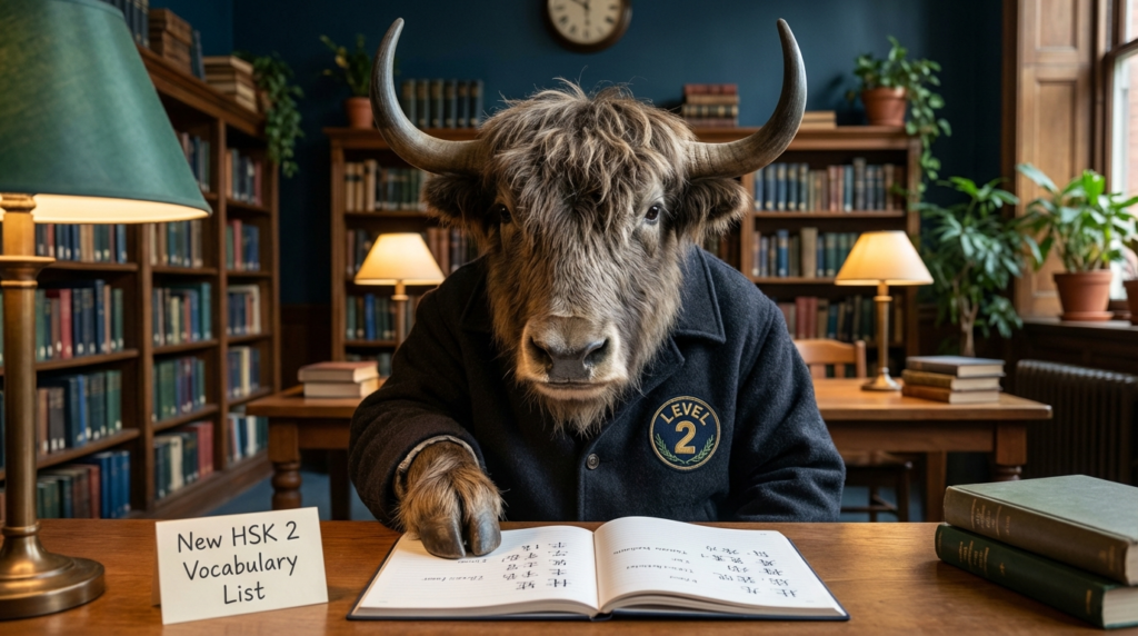 A personified yak Chinese teacher that teaches the HSK 2 vocabulary list with simplified and traditional characters.