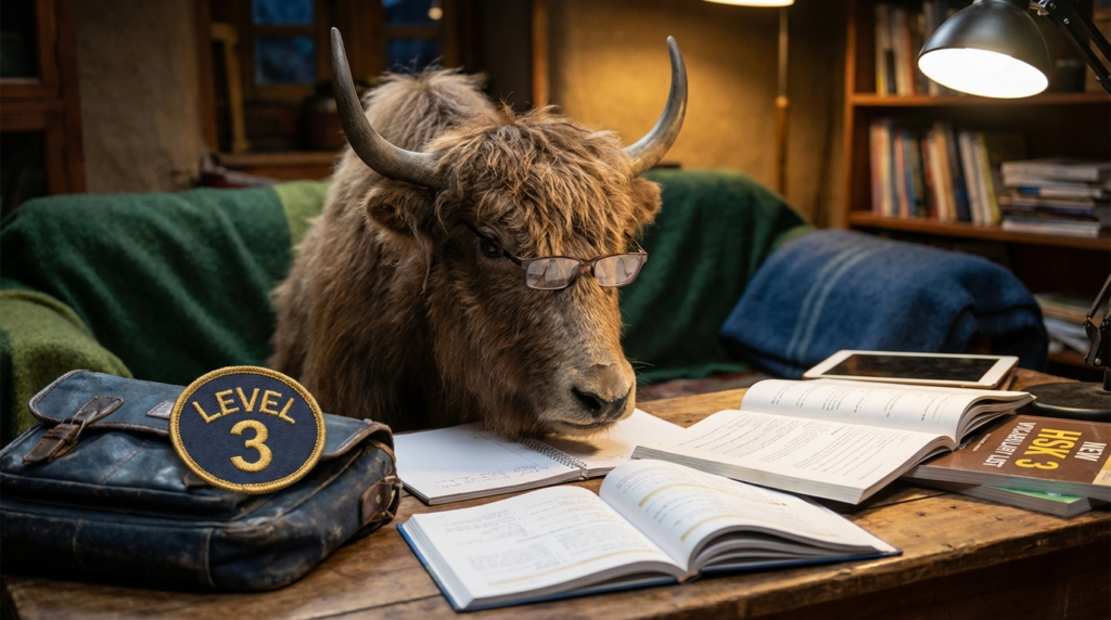 A personified yak Chinese teacher that teaches HSK 3 vocabulary list with pinyin in a giant table.