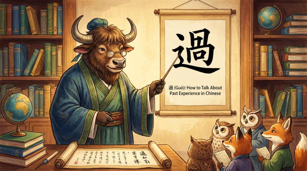 A personified yak Chinese teacher that explains 過 (guò) for talking about past experience in Traditional Chinese.