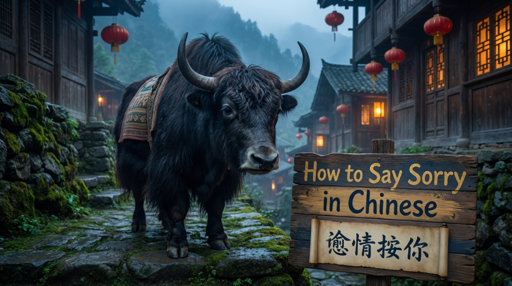 A personified yak Chinese teacher that explains how to say sorry in Chinese with simplified Chinese phrases and pinyin.