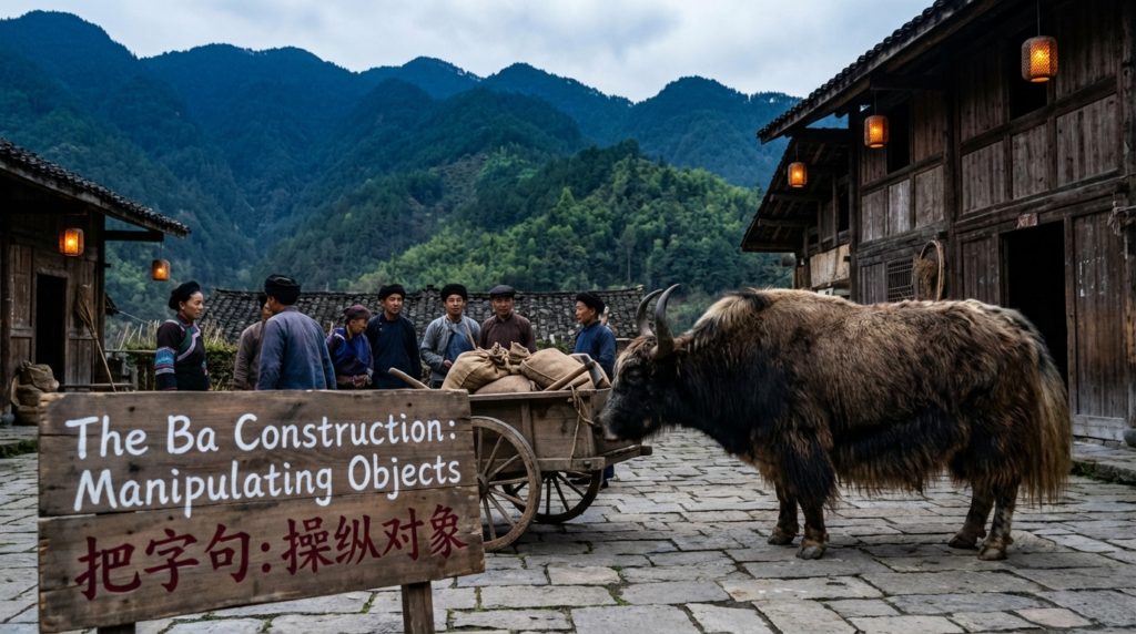 A personified yak Chinese teacher that explains the simplified Chinese ba construction with beginner grammar examples.