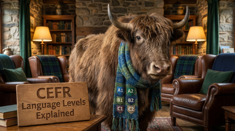 A personified yak English teacher that explains CEFR language levels, A1 to C2, tests, hours, vocabulary, grammar, and IELTS.