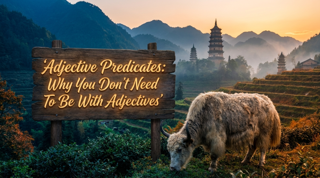 A personified yak Chinese teacher that explains simplified Chinese adjective predicates without to be with clear beginner grammar.