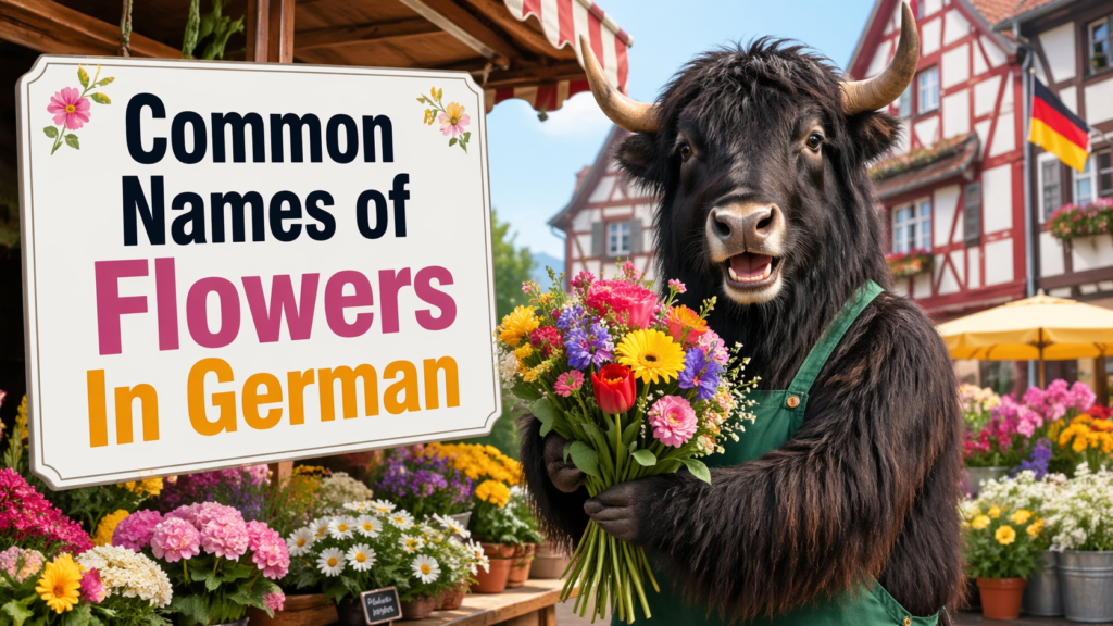 A personified yak German teacher that teaches common flowers in German with colorful garden vocabulary.