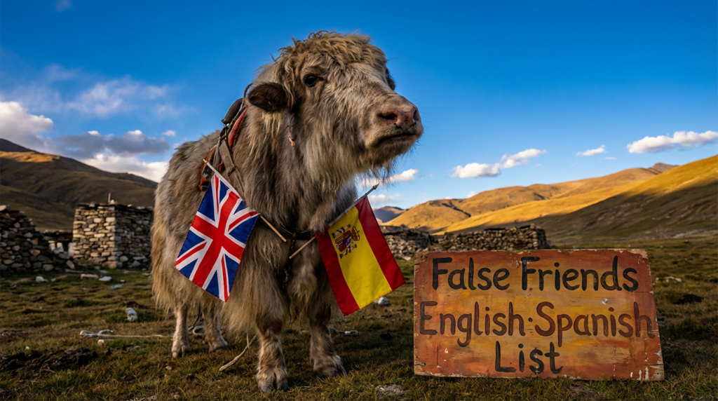 A personified yak Spanish teacher that teaches a Spanish false friends list with tricky English look-alikes.