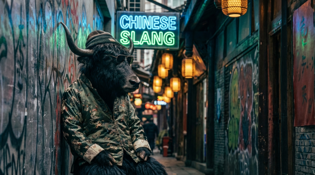 A personified yak Chinese teacher that teaches simplified Chinese slang words with pinyin and real-life examples.