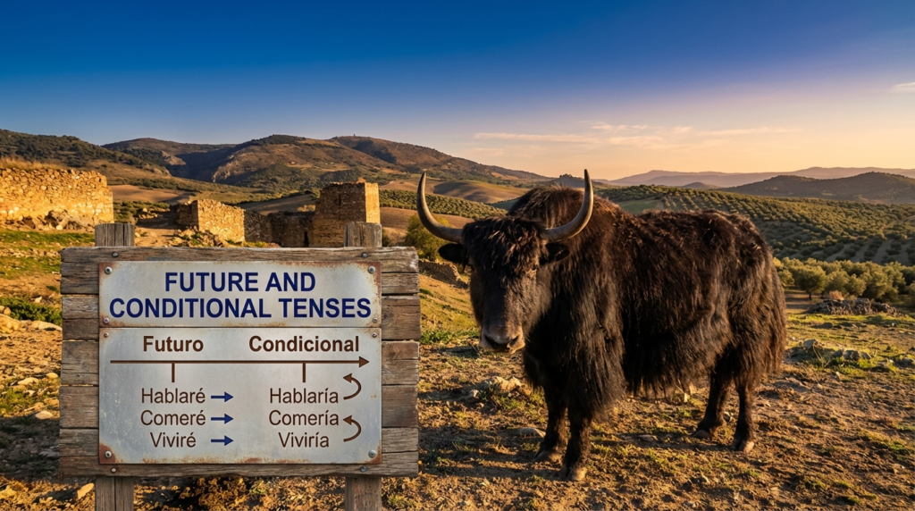 A personified yak Spanish teacher that explains Spanish future and conditional tenses with easy real-life examples.