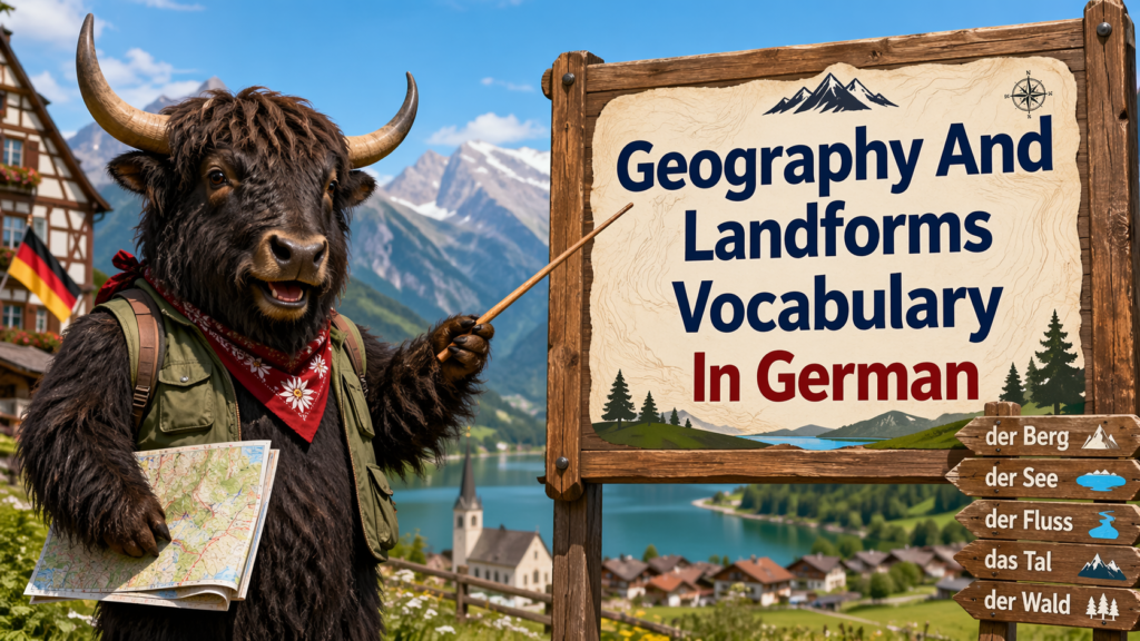 A personified yak German teacher that teaches geography and landforms vocabulary in German with mountains, rivers, lakes, maps, and landscapes.
