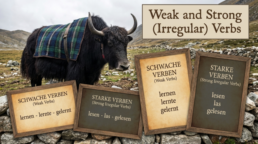 A personified yak German teacher that explains German weak and strong verbs for beginners.