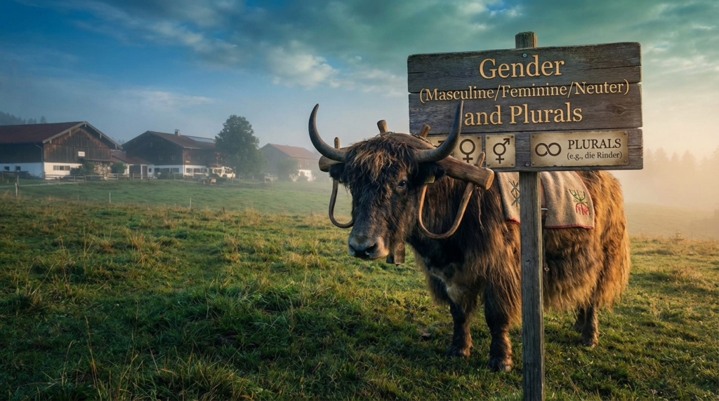A personified yak German teacher that teaches German gender and plurals for beginners with der die das and plural rules.