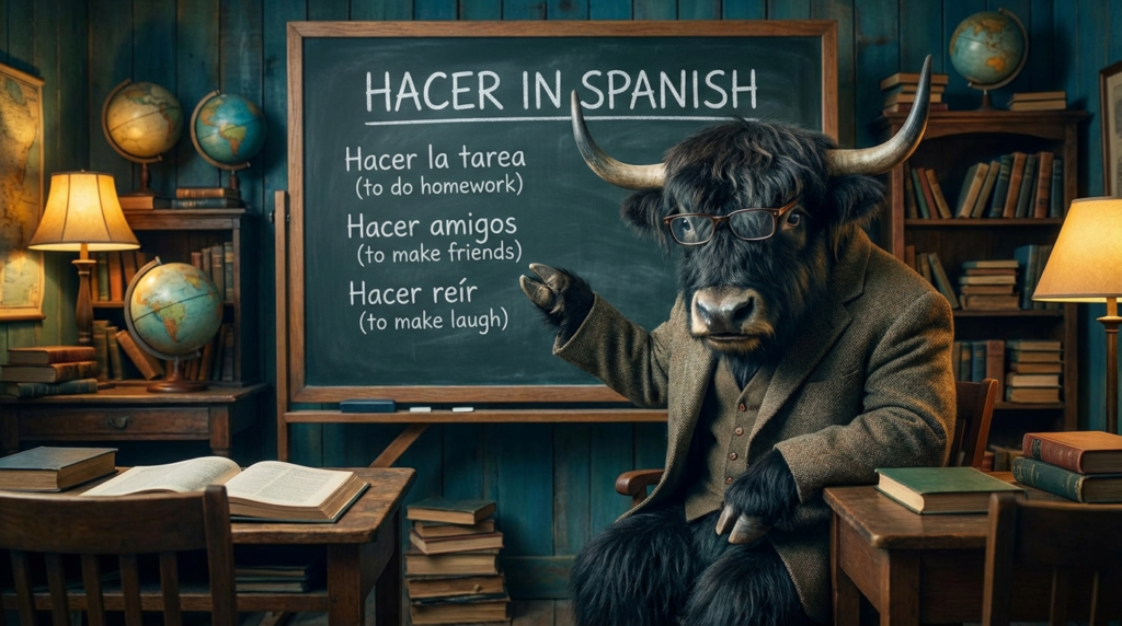 A personified yak Spanish teacher that teaches hacer in Spanish meaning, conjugation, weather, time, and beginner examples.