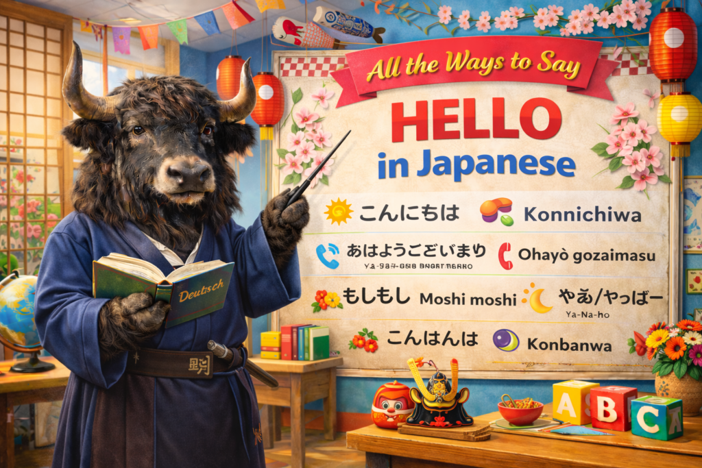 A personified yak Japanese teacher that teaches ways to say hello in Japanese with greetings, rōmaji, and real-life examples.