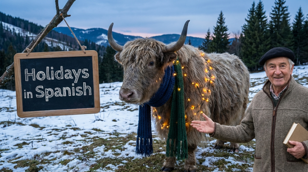 A personified yak Spanish teacher that teaches Spanish holidays vocabulary with festive words and phrases for beginners.