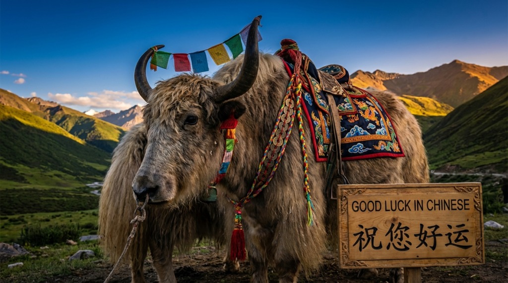 A personified yak Chinese teacher that teaches good luck in Chinese with easy phrases and pinyin for beginners.