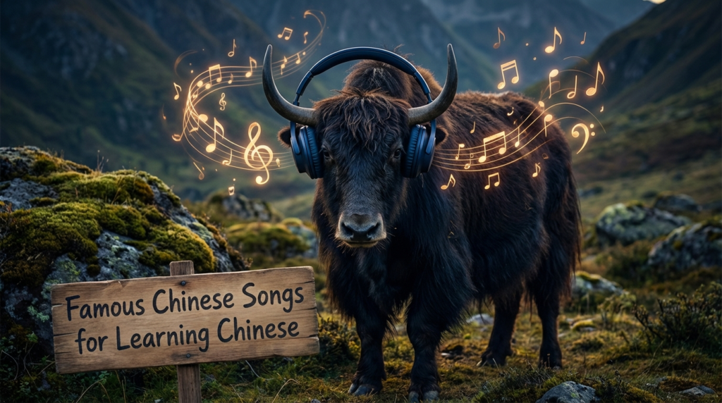 A personified yak Chinese teacher that teaches famous Chinese songs for learning Chinese with pinyin and real examples.