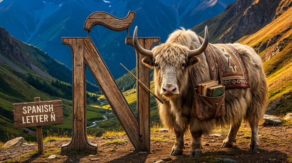 A personified yak Spanish teacher that explains the Spanish letter Ñ pronunciation, words, and typing tips.