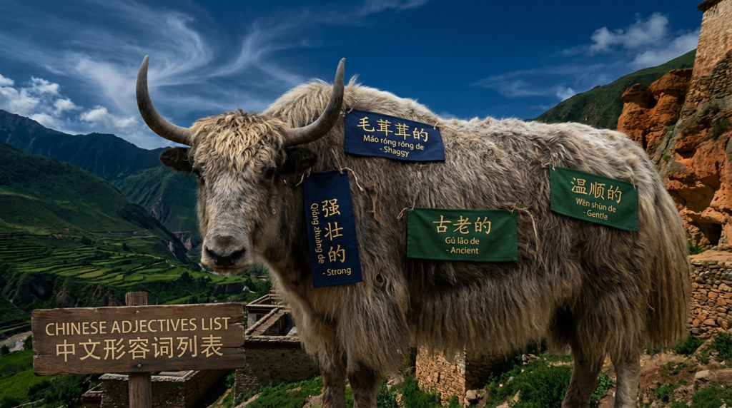 A personified yak Chinese teacher that teaches a Chinese adjectives list with pinyin and easy beginner examples.