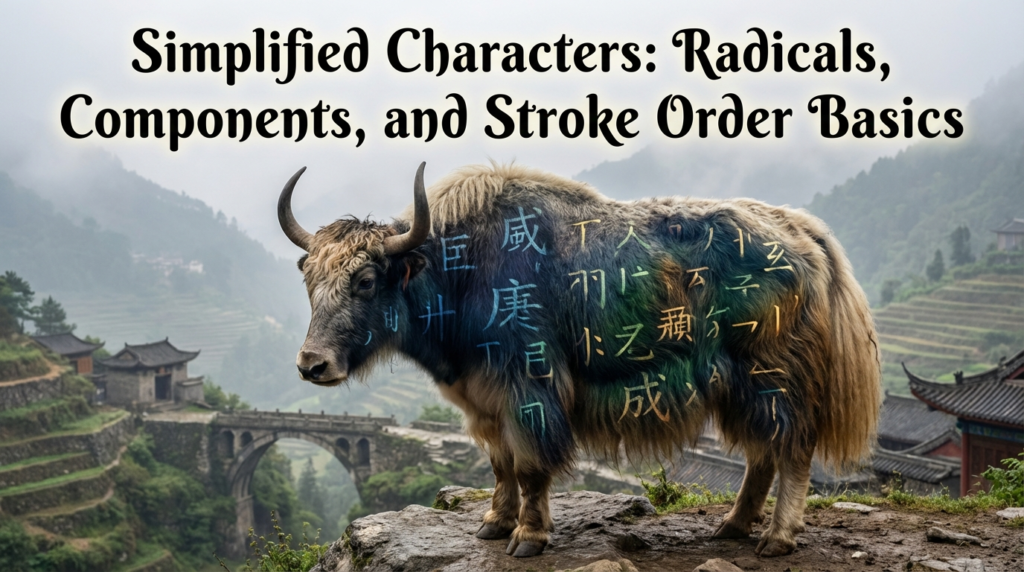 A personified yak Chinese teacher that teaches simplified Chinese radicals, components, and stroke order basics for beginners.