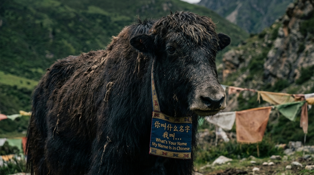 A personified yak Chinese teacher that teaches simplified Chinese what’s your name and my name is.
