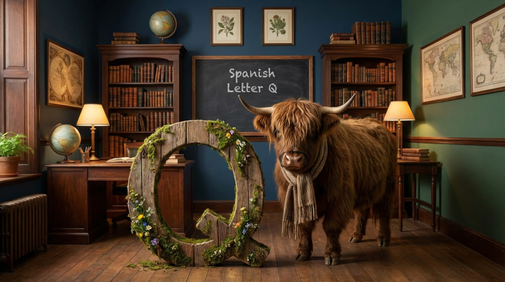 A personified yak Spanish teacher that teaches Spanish letter Q pronunciation with que and qui examples.