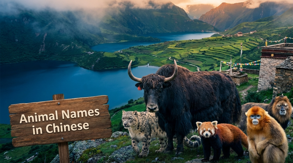 A personified yak Chinese teacher that teaches Chinese animal names for beginners with simplified Chinese, pinyin, and examples.