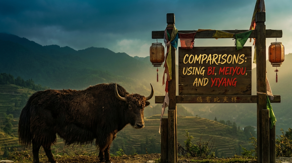 A personified yak Chinese teacher that explains simplified Chinese comparisons with 比, 没有, and 一样.