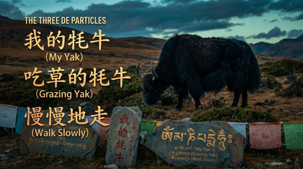 A personified yak Chinese teacher that explains simplified Chinese de particles 的 de 得 de and 地 de for beginners.