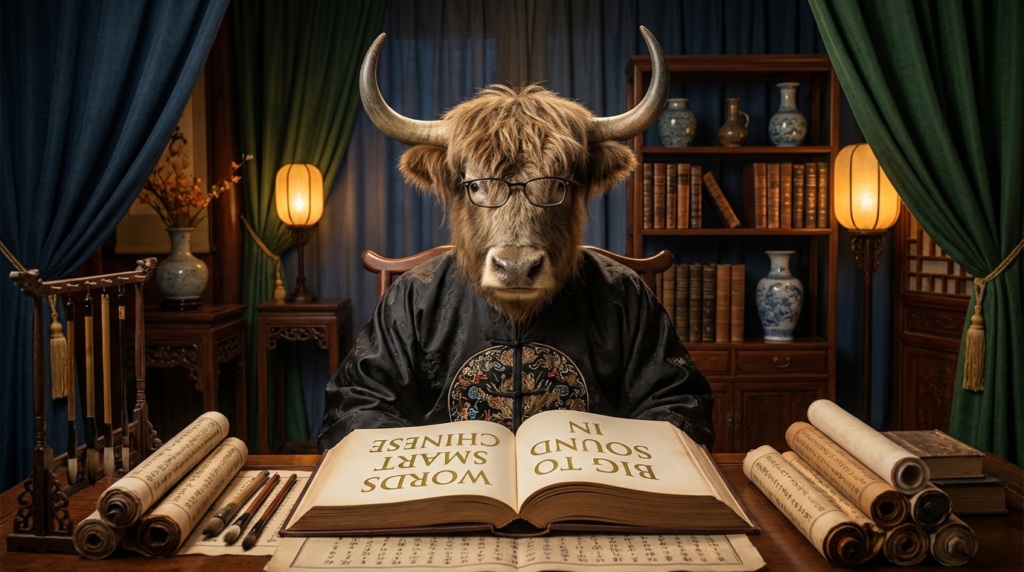 A personified yak Chinese teacher that teaches simplified Chinese big words to sound smart with pinyin and real-life examples.