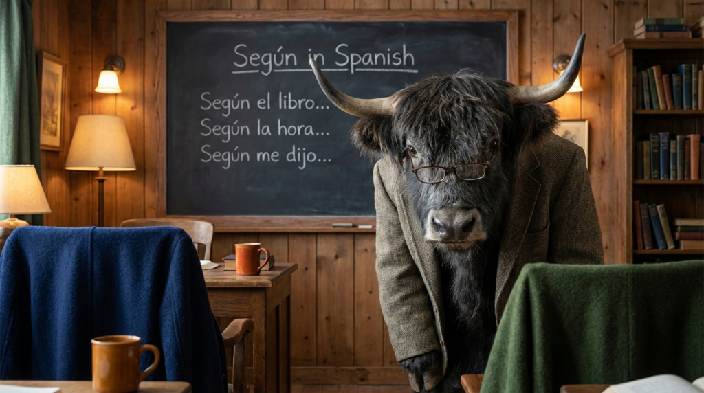 A personified yak Spanish teacher that explains según in Spanish with real examples for according to and depending on.