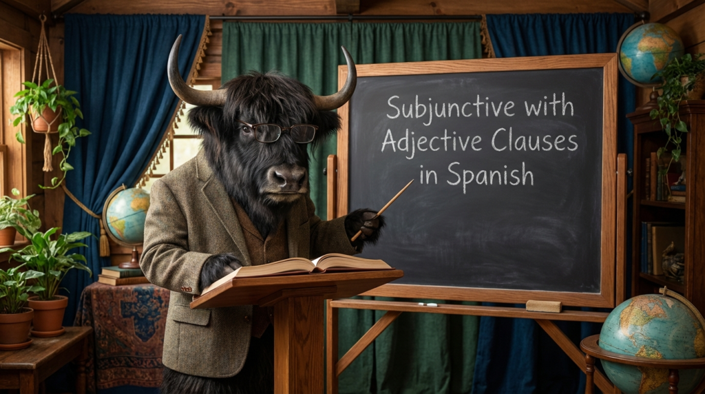 A personified yak Spanish teacher that teaches Spanish subjunctive with adjective clauses using easy real-life examples.